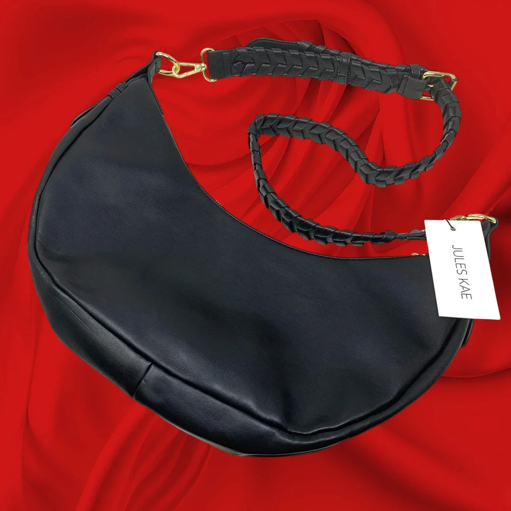 NWT Jules Kae Zola Black Vegan Leather Crescent Hobo Shoulder Bag Braided Strap